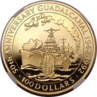 reverse of 100 Dollars - Elizabeth II - Battle of Guadalcanal (1992) coin with KM# 45 from Solomon Islands. Inscription: 50th ANNIVERSARY GUADALCANAL 1942-1992 · 100 DOLLARS ·