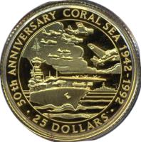Solomon Islands coin 25 Dollars - Elizabeth II - Battle of the Coral Sea (1992) reverse reverse of 25 Dollars - Elizabeth II - Battle of the Coral Sea (1992) coin with KM# 37 from Solomon Islands. Inscription: 50th ANNIVERSARY CORAL SEA 1942-1992 · 25 DOLLARS ·