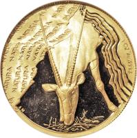 South Africa coin 1 Ounce - Gemsbok (2001) reverse reverse of 1 Ounce - Gemsbok (2001) coin with KM# 267 from South Africa. Inscription: NATURA 1 OZ AU 999.9 AM