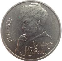 reverse of 1 Rouble - 550th Anniversary to Birth of Alisher Navoi (1990 - 1991) coin with Y# 260 from Soviet Union (USSR). Inscription: 1441-1501 Алишер Навои