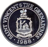 St. Vincent coin 100 Dollars - Elizabeth II - Tropical birds (1988) obverse obverse of 100 Dollars - Elizabeth II - Tropical birds (1988) coin with KM# 15 from St. Vincent. Inscription: SAINT VINCENT & THE GRENADINES .1988. PAX ET IUSTITIA
