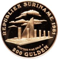 obverse of 100 Gulden - 1st Anniversary of Revolution (1981) coin with KM# 20 from Suriname. Inscription: REPUBLIEK SURINAME 1981 500/1000 FINE GOLD * 200 GULDEN