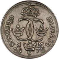 reverse of 8 Mark - Carl XI (1672) coin with KM# 278 from Sweden.