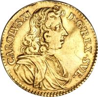 obverse of 1 Ducat - Carl XI (1677 - 1695) coin with KM# 283 from Sweden. Inscription: CAROLVS XI D:G:REX · SVE.