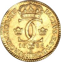 Sweden coin 1 Ducat - Carl XI (1677 - 1695) reverse reverse of 1 Ducat - Carl XI (1677 - 1695) coin with KM# 283 from Sweden. Inscription: FACTVS · EST · DOMIN PROTECTOR · ME CC 16 86