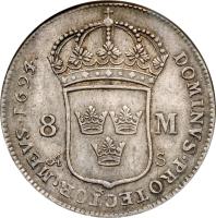 Sweden coin 8 Mark - Carl XI (1692 - 1696) reverse reverse of 8 Mark - Carl XI (1692 - 1696) coin with KM# 311 from Sweden.