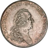 obverse of 3 Daler Silfwermynt - Adolf Fredrik (1770 - 1771) coin with KM# 505 from Sweden.