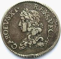 obverse of 2 Mark - Carl XI (1664 - 1677) coin with KM# 242 from Sweden. Inscription: CAROLVS XI REX SVECIA