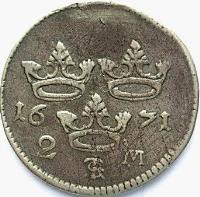 Sweden coin 2 Mark - Carl XI (1664 - 1677) reverse reverse of 2 Mark - Carl XI (1664 - 1677) coin with KM# 242 from Sweden. Inscription: 1671 2 M