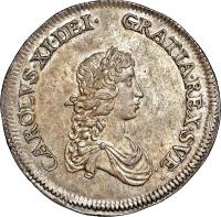 obverse of 8 Mark - Carl XI (1670) coin with KM# 276 from Sweden. Inscription: CAROLVS.XI.DEI. GRATIA.REX.SVE: