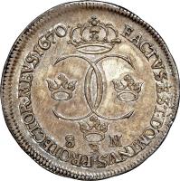 Sweden coin 8 Mark - Carl XI (1670) reverse reverse of 8 Mark - Carl XI (1670) coin with KM# 276 from Sweden. Inscription: FACTVS.EST.DOMINVS.PROTECTOR.MEVS.1670.