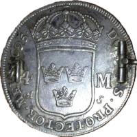 Sweden coin 4 Mark - Carl XI (1683 - 1696) reverse reverse of 4 Mark - Carl XI (1683 - 1696) coin with KM# 296 from Sweden.