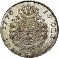 reverse of 16 Öre Silvermynt - Gustav III (1773 - 1774) coin with KM# 513 from Sweden. Inscription: 16 ÖRE SILF. MYNT 1773 A.L.
