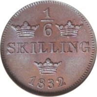 reverse of 1/6 Skilling - Carl XIV Johan (1832) coin with KM# 633 from Sweden.
