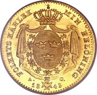 Sweden coin 1 Ducat - Carl XIV Johan (1835 - 1843) reverse reverse of 1 Ducat - Carl XIV Johan (1835 - 1843) coin with KM# 628a from Sweden. Inscription: FOLKETS KÄRLEK MIN BELÖNING A. G. 18 43