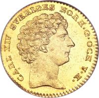Sweden coin 1 Ducat - Carl XIV Johan (1818 - 1829) obverse obverse of 1 Ducat - Carl XIV Johan (1818 - 1829) coin with KM# 594 from Sweden. Inscription: CARL XIV SVERIGES NORR · G · OCH V · K ·