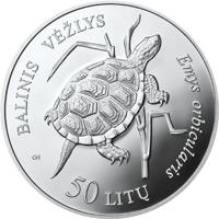 reverse of 50 Litų - Lithuanian Nature (2012) coin with KM# 178 from Lithuania. Inscription: BALINIS VĖŽLYS EMYS ORBICULARIS 50 LITŲ