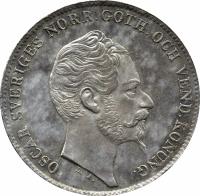 obverse of 1 Riksdaler Specie / 4 Riksdaler Riksmynt - Oscar I (1856 - 1859) coin with KM# 689 from Sweden. Inscription: OSCAR SVERIGES NORR. GÖTH OCH VEND. KONUNG. L. A.