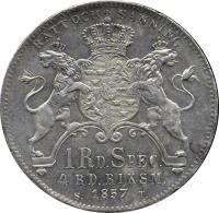 reverse of 1 Riksdaler Specie / 4 Riksdaler Riksmynt - Oscar I (1856 - 1859) coin with KM# 689 from Sweden. Inscription: RÄTT OCH SANNING 1 RD. SPEC. 4 RD. RIKSM. S. 1859 T.