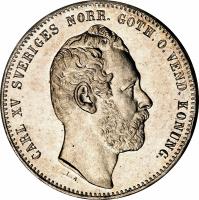 obverse of 1 Riksdaler Riksmynt - Carl XV (1860 - 1871) coin with KM# 708 from Sweden. Inscription: CARL XV SVERIGES NORR. GÖTH. O. VEND. KONUNG. L.A.