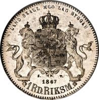 reverse of 1 Riksdaler Riksmynt - Carl XV (1860 - 1871) coin with KM# 708 from Sweden. Inscription: LAND SKALL MED LAG BYGGAS S.	T. 1867 1 RD.RIKSM.