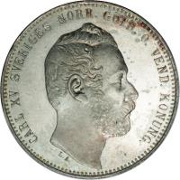 obverse of 2 Riksdaler Riksmynt - Carl XV (1862 - 1871) coin with KM# 714 from Sweden. Inscription: CARL XV SVERIGES NORR. GÖTH. O. VEND. KONUNG. L.A.