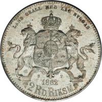 reverse of 2 Riksdaler Riksmynt - Carl XV (1862 - 1871) coin with KM# 714 from Sweden. Inscription: LAND SKALL MED LAG BYGGAS S. T. 1862 2 RD.RIKSM.