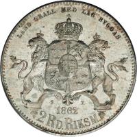 Sweden coin 2 Riksdaler Riksmynt - Carl XV (1862 - 1871) reverse reverse of 2 Riksdaler Riksmynt - Carl XV (1862 - 1871) coin with KM# 714 from Sweden. Inscription: LAND SKALL MED LAG BYGGAS S. T. 1862 2 RD.RIKSM.