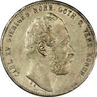 Sweden coin 2 Riksdaler Riksmynt - Carl XV Adolf (1871) obverse obverse of 2 Riksdaler Riksmynt - Carl XV Adolf (1871) coin with KM# 725 from Sweden. Inscription: CARL XV SVERIGES NORR. GÖTH. O. VEND. KONUNG. L.A.