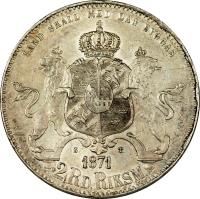 reverse of 2 Riksdaler Riksmynt - Carl XV Adolf (1871) coin with KM# 725 from Sweden. Inscription: LAND SKALL MED LAG BYGGAS S. T. 1871 2 RD.RIKSM.