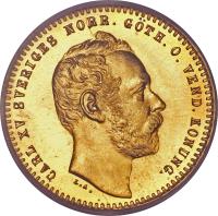 obverse of 1 Ducat - Carl XV Adolf (1860 - 1868) coin with KM# 709 from Sweden. Inscription: CARL XV SVERIGES NORR. GÖTH. O. VEND. KONUNG. L.A.