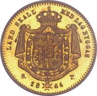 reverse of 1 Ducat - Carl XV Adolf (1860 - 1868) coin with KM# 709 from Sweden. Inscription: LAND SKALL MED LAG BYGGAS S. T. 18 64