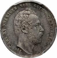 obverse of 50 Öre - Carl XV Adolf (1862) coin with KM# 713 from Sweden. Inscription: CARL XV SVERIGES NORR. GÖTH. O. VEND. KONUNG. L.A.