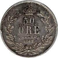reverse of 50 Öre - Carl XV Adolf (1862) coin with KM# 713 from Sweden. Inscription: 50 ÖRE S.T. 1862