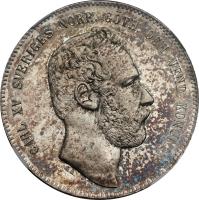 Sweden coin 4 Riksdaler Riksmynt - Carl XV (1871) obverse obverse of 4 Riksdaler Riksmynt - Carl XV (1871) coin with KM# 726 from Sweden. Inscription: CARL XV SVERIGES NORR. GÖTH. OCH VEND. KONUNG. L. A.