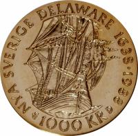 Sweden coin 1000 Kronor - Carl XIV - Gustaf Delaware colony (1988) reverse reverse of 1000 Kronor - Carl XIV - Gustaf Delaware colony (1988) coin with KM# 868 from Sweden. Inscription: NYA SVERIGE DELAWARE 1638.1988 1000 KR. D