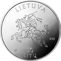 obverse of 50 Litų - 150th birth anniversary of Maironis (Jonas Mačiulis) (2012) coin with KM# 192 from Lithuania. Inscription: LIETUVA 2012 50 LITŲ