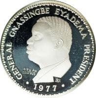 Togo coin 10000 Francs - General Gnassingbe Eyadema (1977) obverse obverse of 10000 Francs - General Gnassingbe Eyadema (1977) coin with KM# 9 from Togo. Inscription: GENERAL GNASSINGBE EYADEMA PRESIDENT 49g Ag tit 0'925 1977