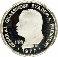 Togo coin 5000 Francs CFA - General Gnassingbe Eyadema (1977) reverse reverse of 5000 Francs CFA - General Gnassingbe Eyadema (1977) coin with KM# 8 from Togo. Inscription: GENERAL GNASSINGBE EYADEMA PRESIDENT 24'2g Ag tit 0'925 1977