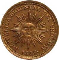 obverse of 5 Centesimos (1855) coin with KM# 6 from Uruguay. Inscription: REPUBLICA ORIENTAL DEL URUGUAY 1855