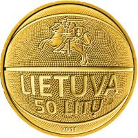 obverse of 50 Litų - European Basketball Championship 2011 (2011) coin with KM# 176 from Lithuania. Inscription: LIETUVA 50 LITŲ 2011