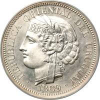 Uruguay coin 100 Centesimos (1869) obverse obverse of 100 Centesimos (1869) coin with KM# E2 from Uruguay. Inscription: · REPUBLICA ORIENTAL DEL URUGUAY · LIBERTAD TASSET 1869