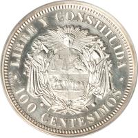 Uruguay coin 100 Centesimos (1869) reverse reverse of 100 Centesimos (1869) coin with KM# E2 from Uruguay. Inscription: · LIBRE Y CONSTITUIDA · ESSAI 100 CENTESIMOS