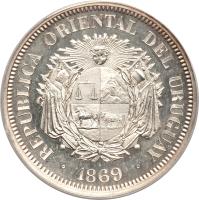 obverse of 100 Centesimos (1869) coin with KM# E3 from Uruguay. Inscription: · REPUBLICA ORIENTAL DEL URUGUAY · 1869