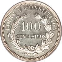 reverse of 100 Centesimos (1869) coin with KM# E3 from Uruguay. Inscription: LIBRE Y CONSTITUIDA 100 CENTESIMOS ESSAI.