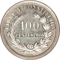 Uruguay coin 100 Centesimos (1869) reverse reverse of 100 Centesimos (1869) coin with KM# E3 from Uruguay. Inscription: LIBRE Y CONSTITUIDA 100 CENTESIMOS ESSAI.