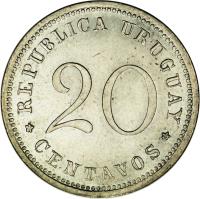 reverse of 20 Centavos (1899) coin with KM# Pn37 from Uruguay.