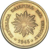 obverse of 2 Centesimos (1943) coin with KM# Pn44 from Uruguay. Inscription: REPUBLICA ORIENTAL DEL URUGUAY 1943