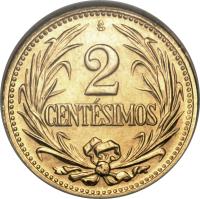 reverse of 2 Centesimos (1943) coin with KM# Pn44 from Uruguay. Inscription: 2 CENTESIMOS