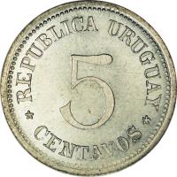 reverse of 5 Centavos (1899) coin with KM# PnA34 from Uruguay. Inscription: * REPUBLICA URUGUAY * 5 CENTAVOS